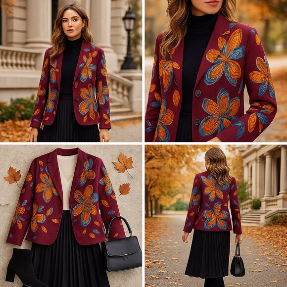 Ettwa Anthropologie Burgundy Floral Embroidered Boho Jacket Size L - Picture 1 of 13